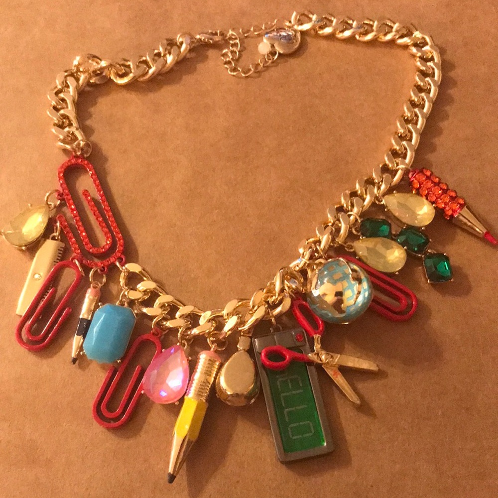 Betsey Johnson Multicolor Charm Necklace teacher paper clip pencil